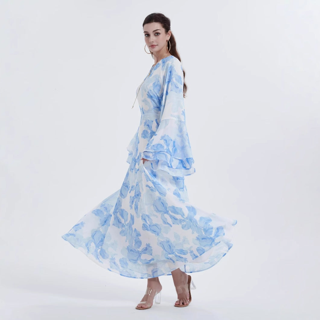 Robe en chiffon imprimé à manches cloche – Élégance et légèreté