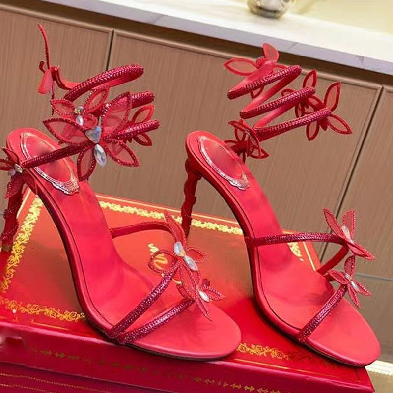 Sandales Romaines à Talon Aiguilles Strass – Motifs Serpent & Papillon
