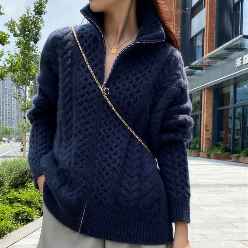 Cardigan en Cachemire Épais à Col Montant et Fermeture Éclair – Élégance Automnale