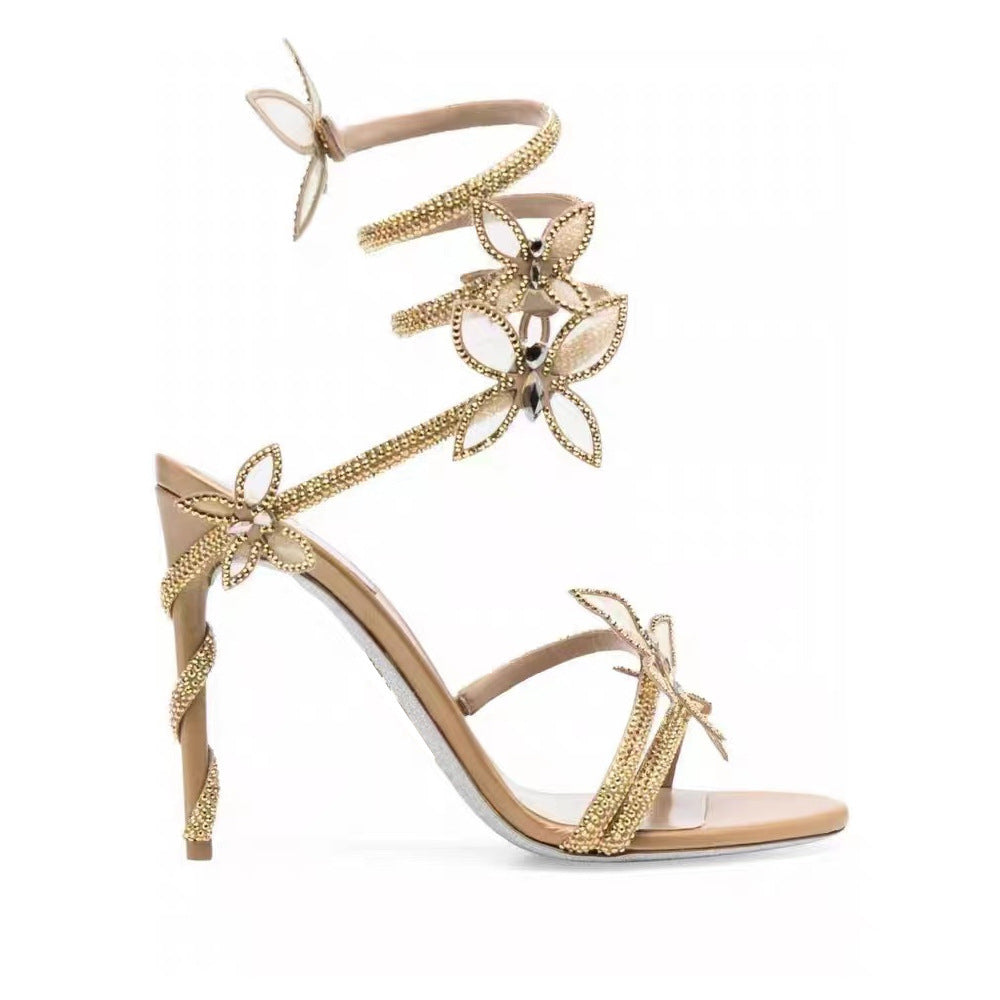 Sandales Romaines à Talon Aiguilles Strass – Motifs Serpent & Papillon