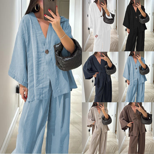 Ensemble cardigan femme uni – haut + pantalon style décontracté chic