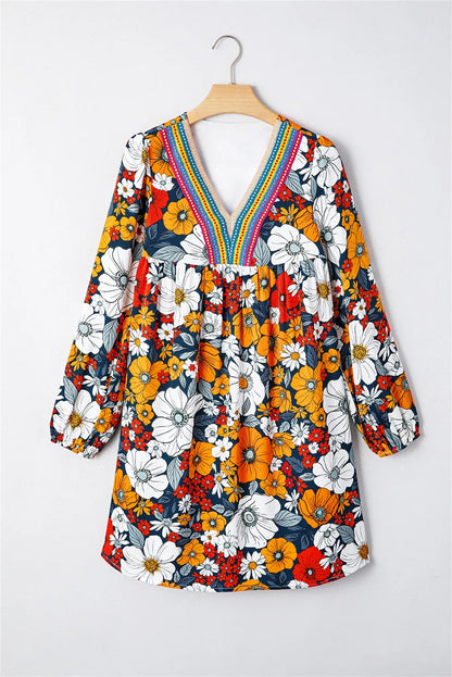 Robe Mini Orange à Imprimé Floral et Dentelle – Élégance Bohème