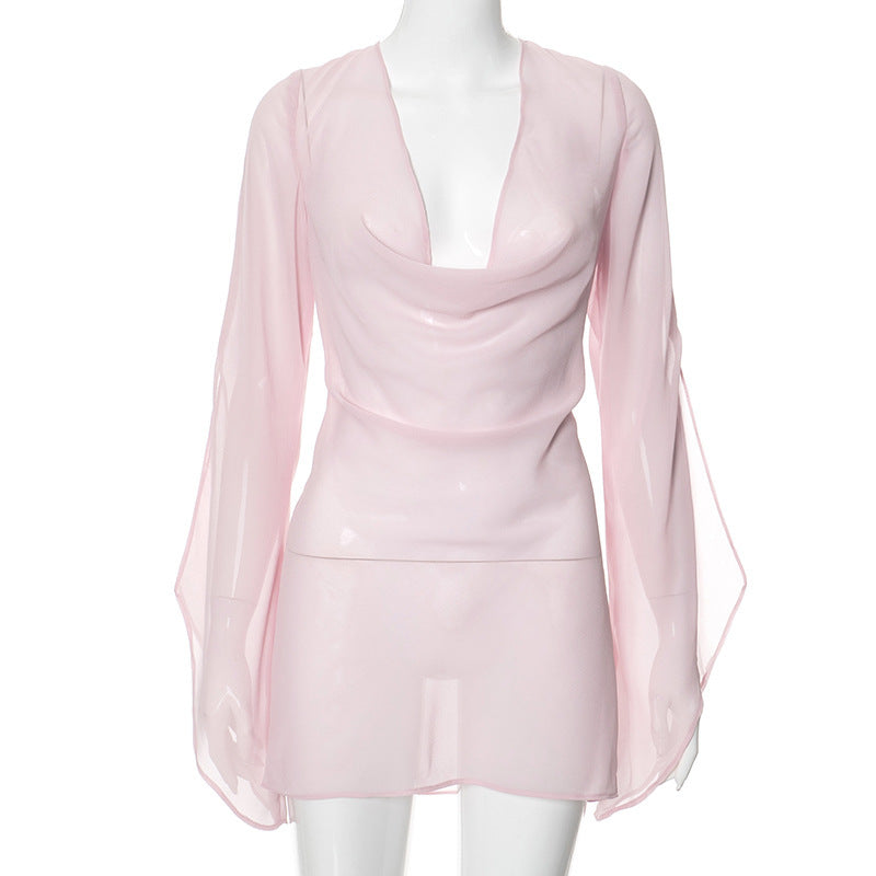 Robe transparente à manches longues et dos nu pour femmes