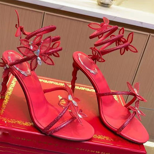 Sandales Romaines à Talon Aiguilles Strass – Motifs Serpent & Papillon
