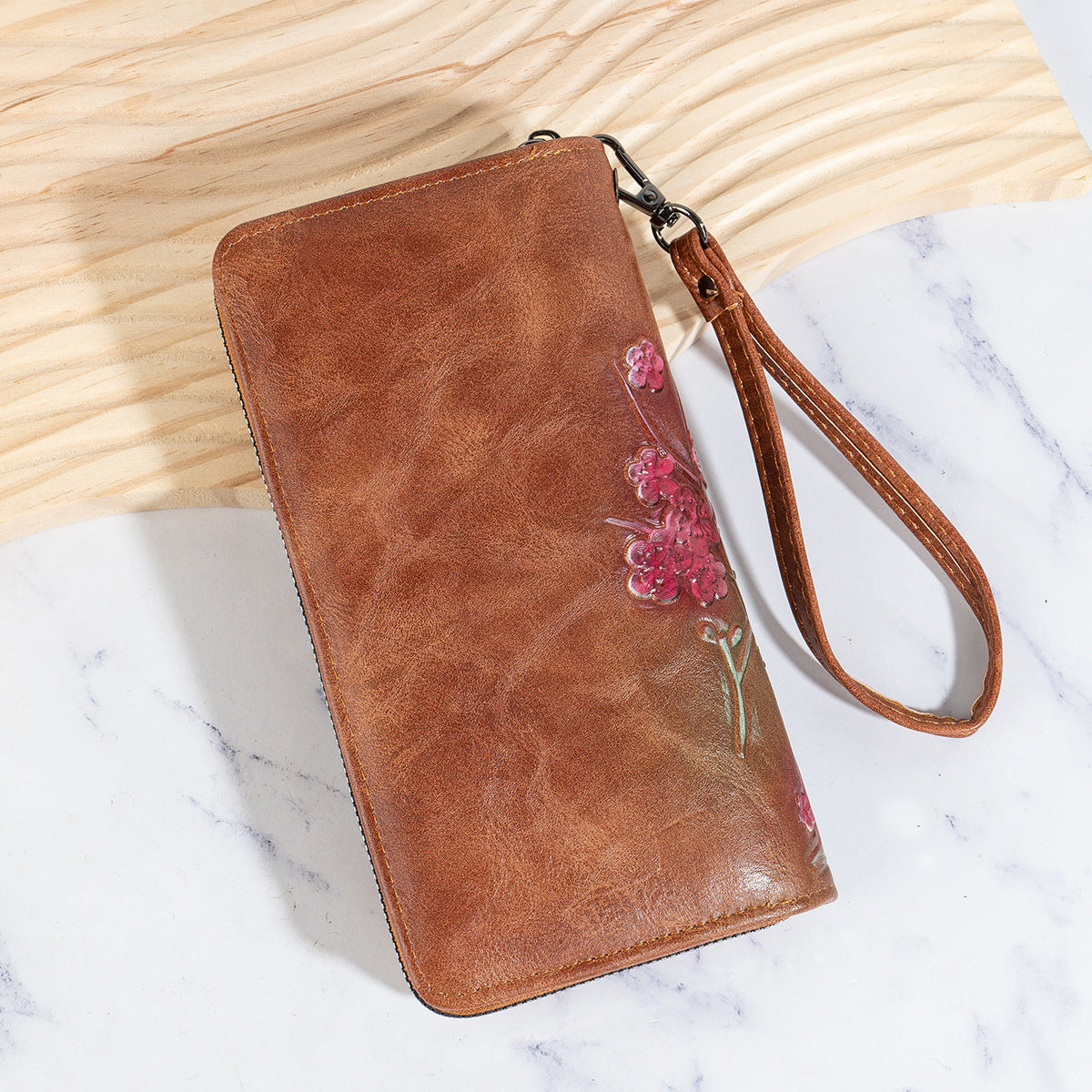 Sac à Main Zippé – Cuir PU Embossé et Peint à la Main