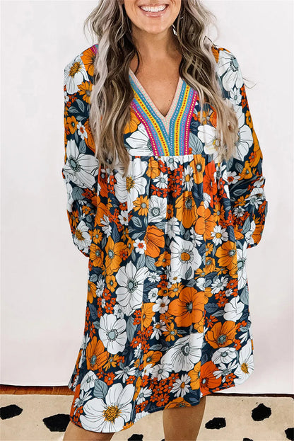 Robe Mini Orange à Imprimé Floral et Dentelle – Élégance Bohème