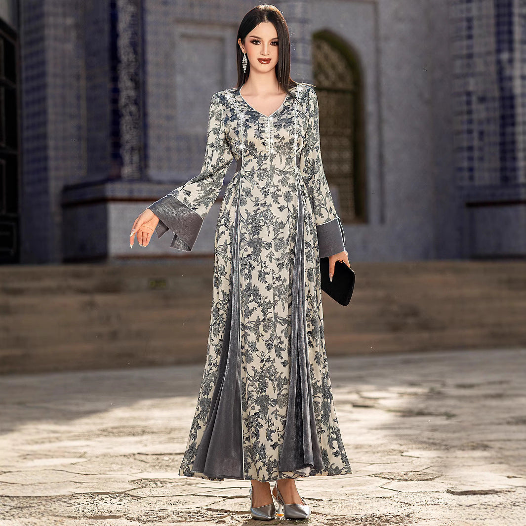 Robe Satin Imprimée à Col V – Élégance et Confort