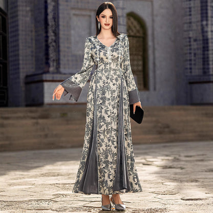 Robe Satin Imprimée à Col V – Élégance et Confort