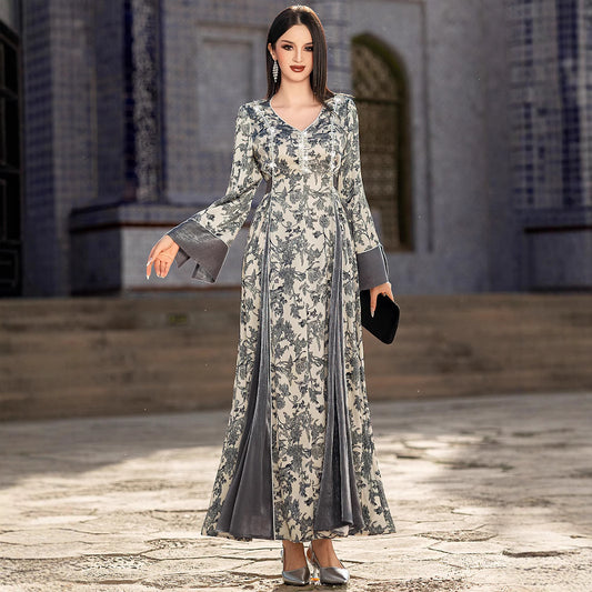 Robe Satin Imprimée à Col V – Élégance et Confort