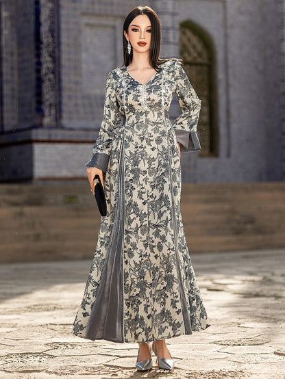 Robe Satin Imprimée à Col V – Élégance et Confort