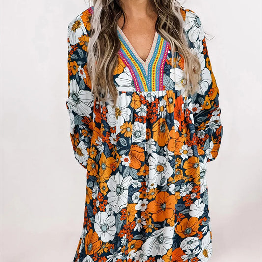 Robe Mini Orange à Imprimé Floral et Dentelle – Élégance Bohème