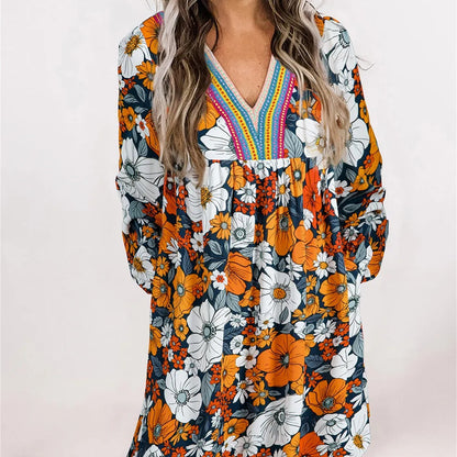 Robe Mini Orange à Imprimé Floral et Dentelle – Élégance Bohème