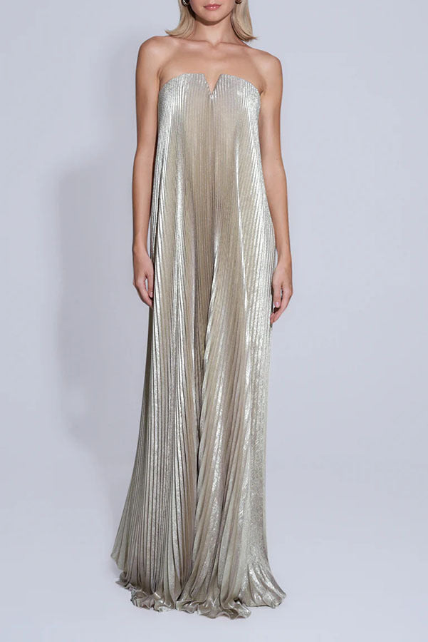 Robe Longue Sans Bretelles à Ourlet Volumineux – Élégance et Fluidité