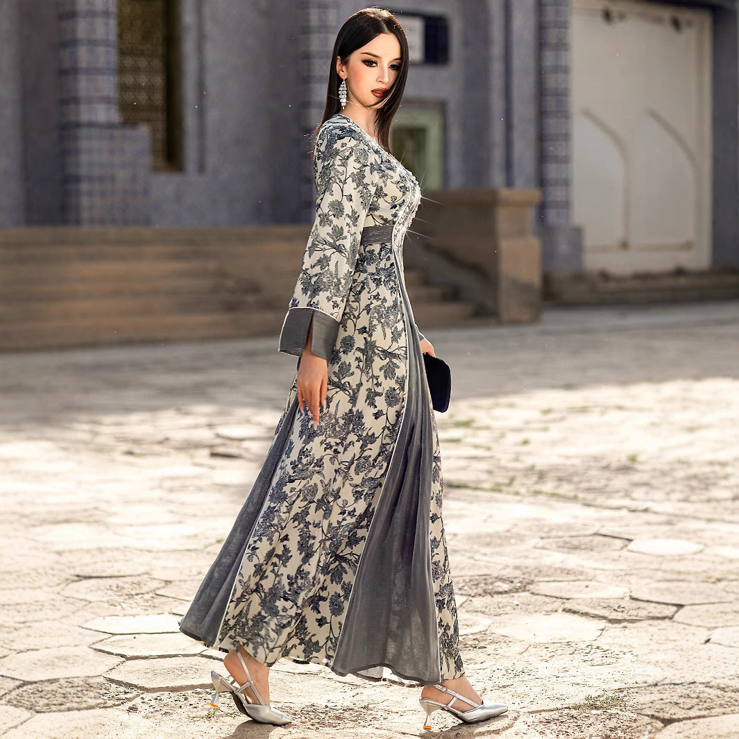 Robe Satin Imprimée à Col V – Élégance et Confort