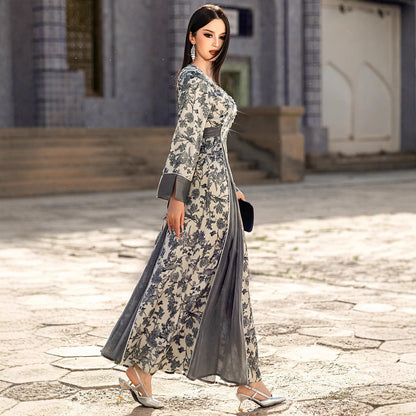 Robe Satin Imprimée à Col V – Élégance et Confort