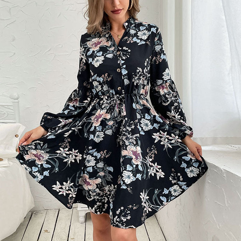 Robe vintage noire à manches longues imprimée pour femme